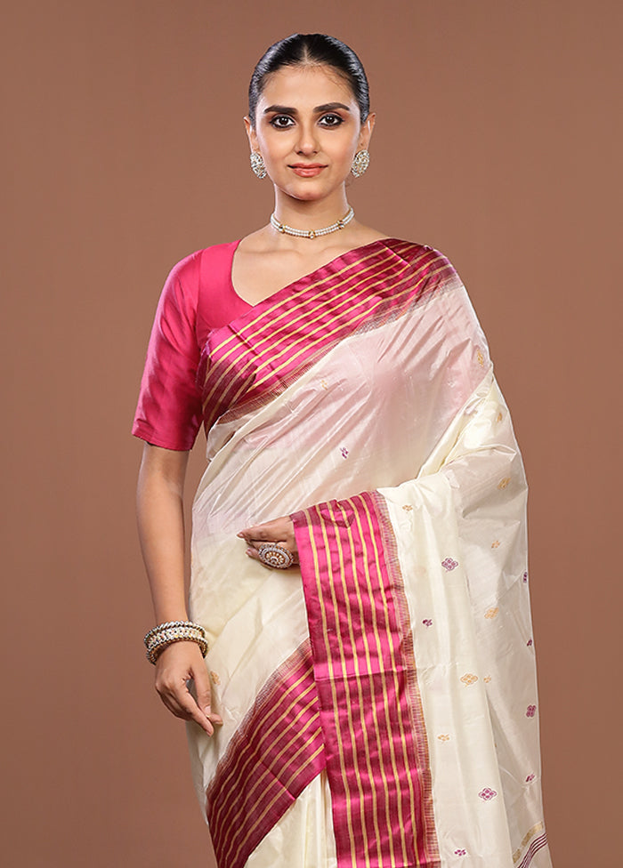 White Garad Silk Saree Without Blouse Piece