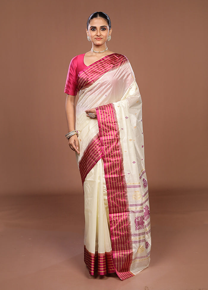 White Garad Silk Saree Without Blouse Piece