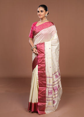 White Garad Silk Saree Without Blouse Piece