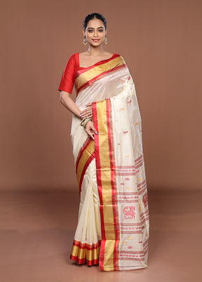 White Garad Silk Saree Without Blouse Piece