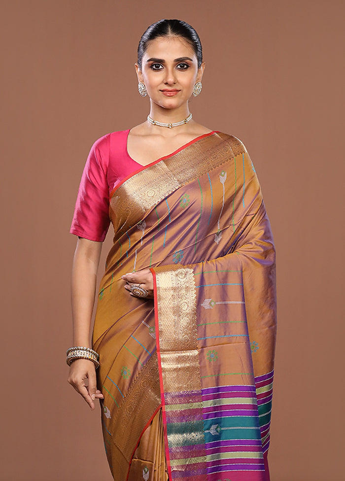 Brown Dupion Silk Saree With Blouse Piece