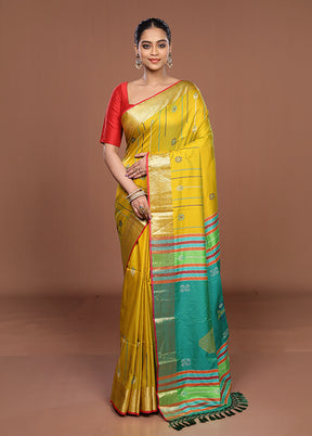 Yellow Dupion Silk Saree With Blouse Piece