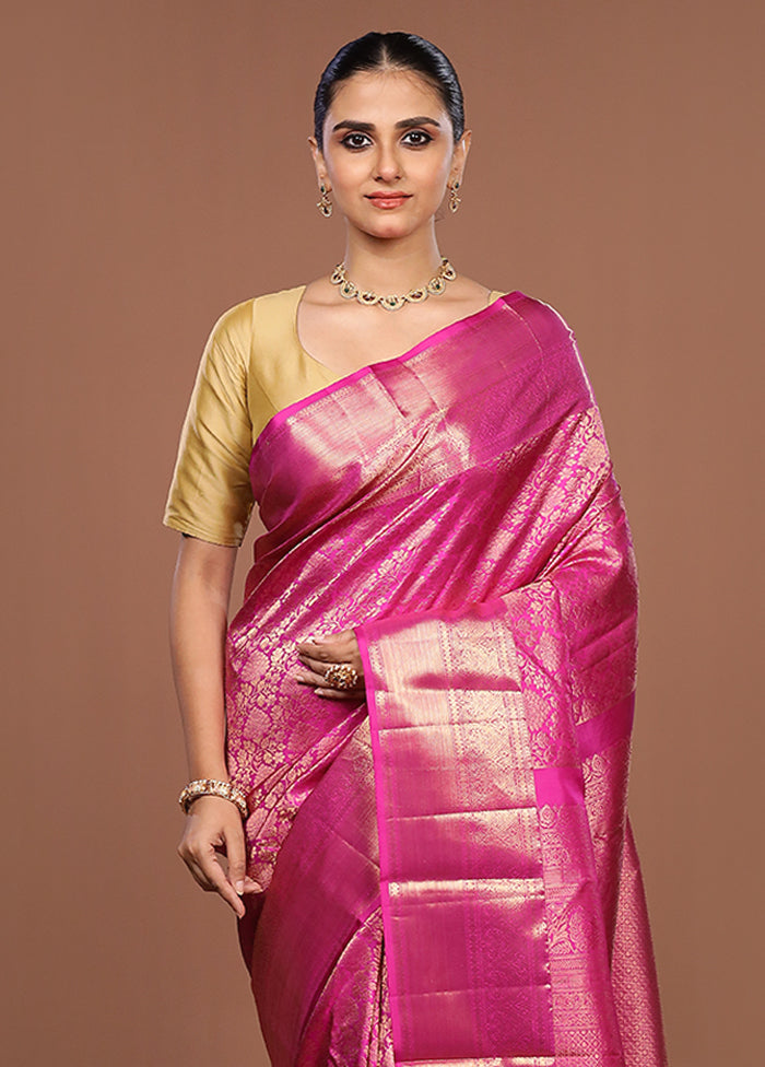 Pink Handloom Kanchipuram Pure Silk Saree With Blouse Piece
