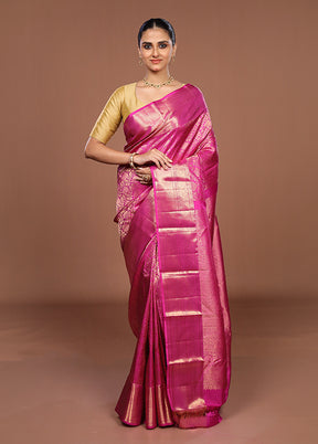 Pink Handloom Kanchipuram Pure Silk Saree With Blouse Piece