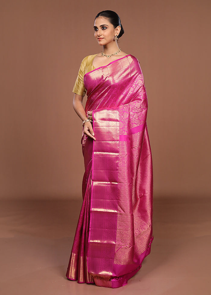 Pink Handloom Kanchipuram Pure Silk Saree With Blouse Piece
