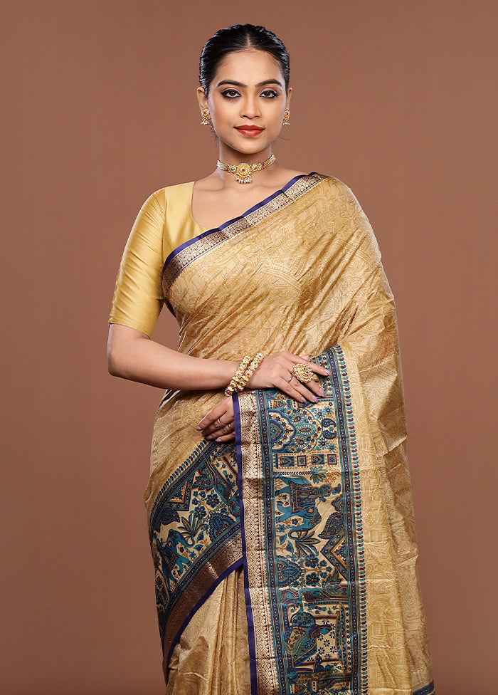 Cream Printed Silk Saree Without Blouse Piece