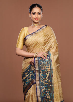 Cream Printed Silk Saree Without Blouse Piece