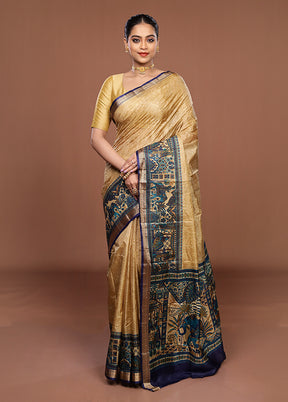 Cream Printed Silk Saree Without Blouse Piece