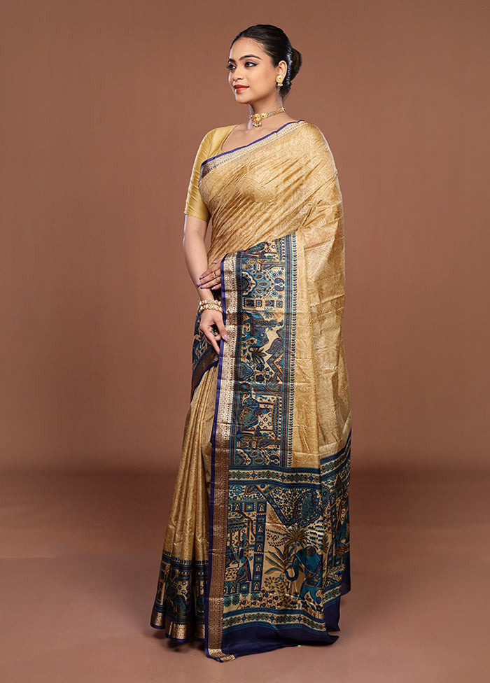 Cream Printed Silk Saree Without Blouse Piece