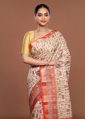 Cream Printed Silk Saree Without Blouse Piece
