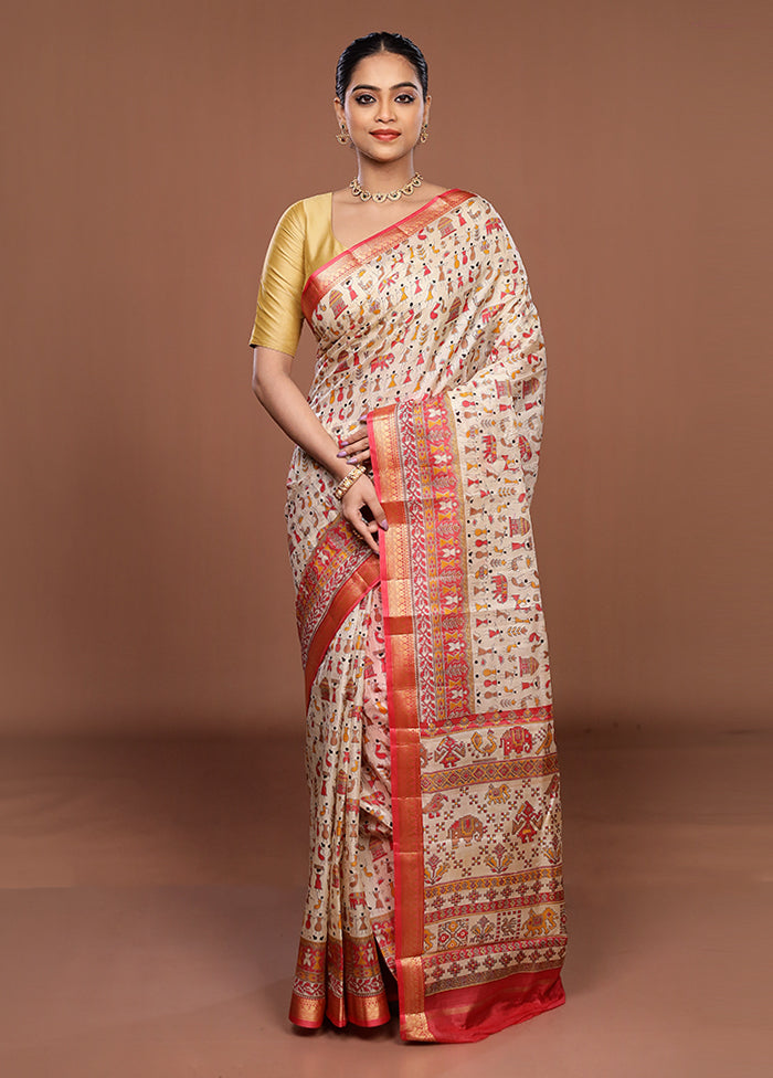 Cream Printed Silk Saree Without Blouse Piece