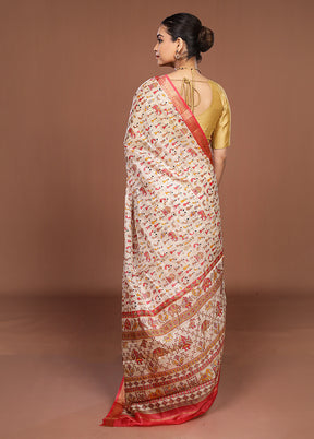 Cream Printed Silk Saree Without Blouse Piece