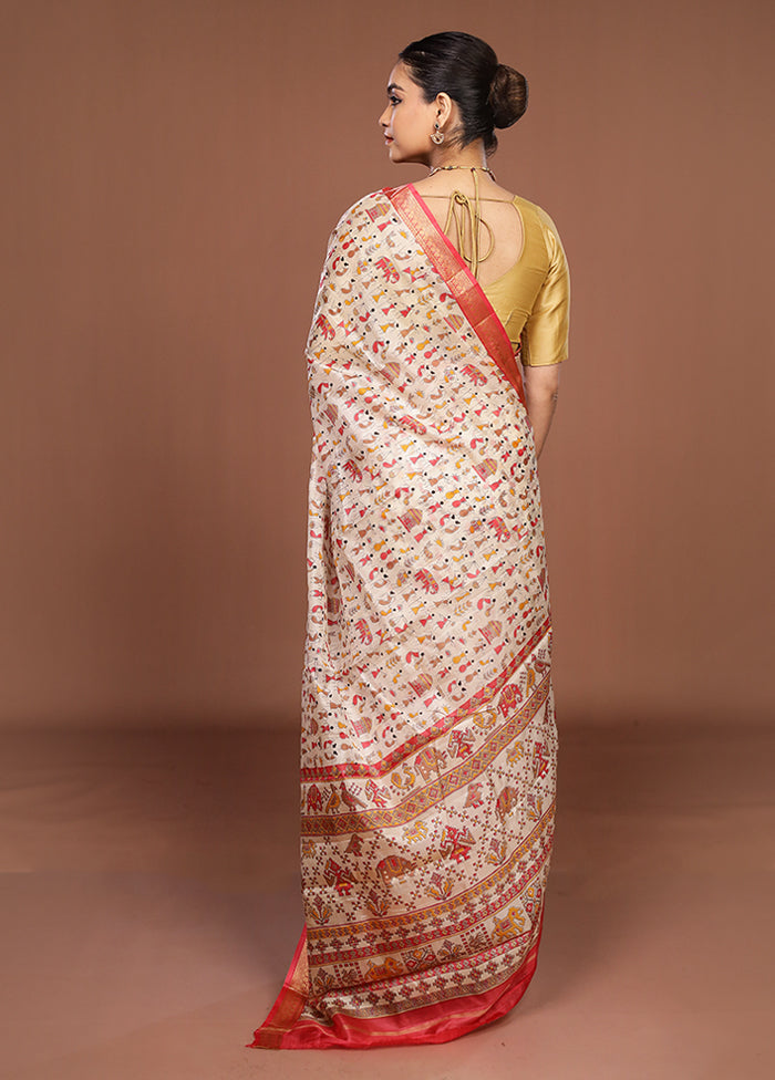 Cream Printed Silk Saree Without Blouse Piece