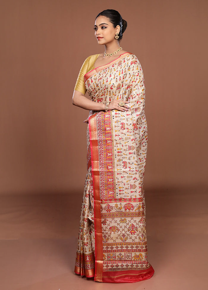 Cream Printed Silk Saree Without Blouse Piece