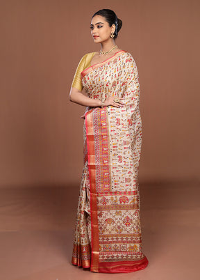 Cream Printed Silk Saree Without Blouse Piece