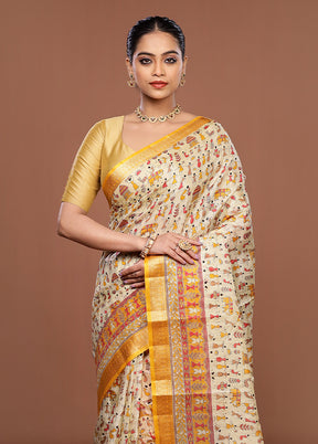 Cream Printed Silk Saree Without Blouse Piece