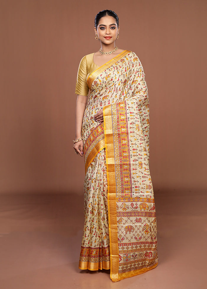 Cream Printed Silk Saree Without Blouse Piece