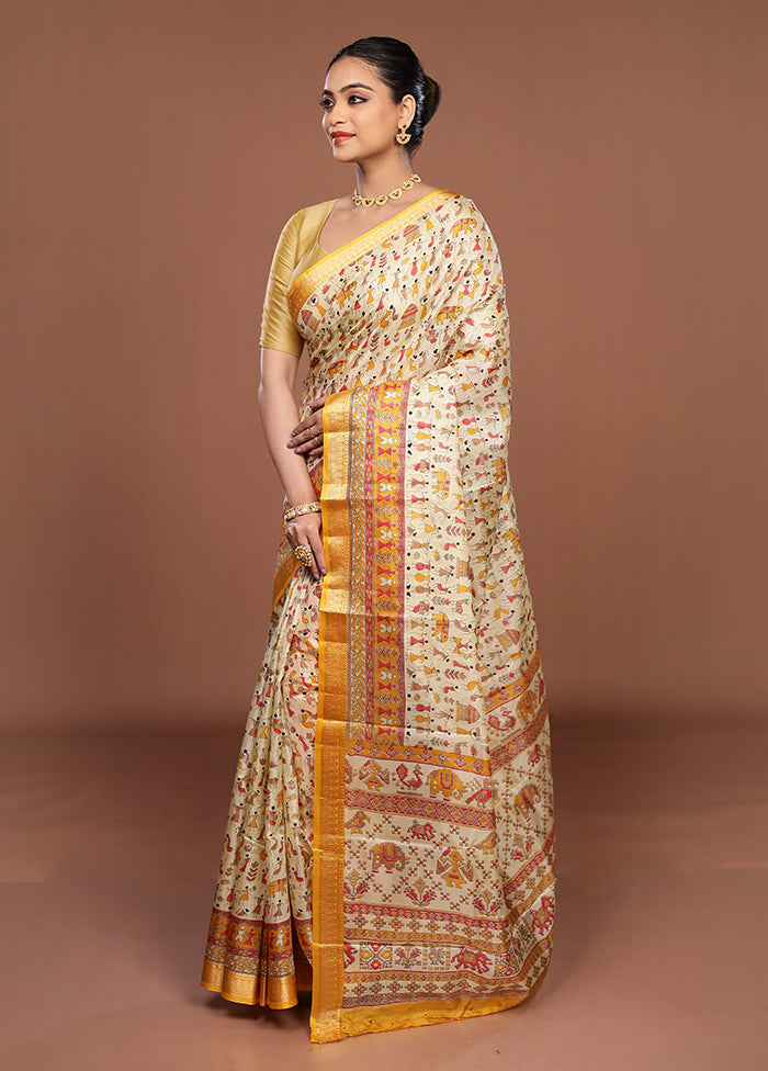 Cream Printed Silk Saree Without Blouse Piece