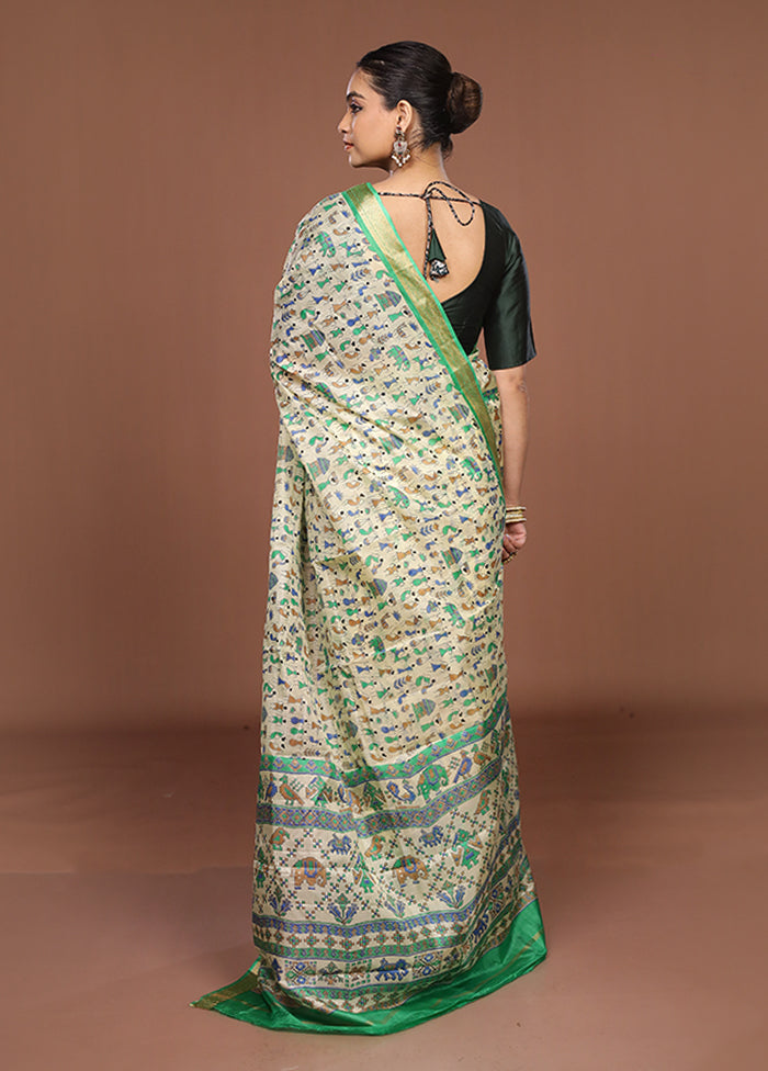 Cream Printed Silk Saree Without Blouse Piece