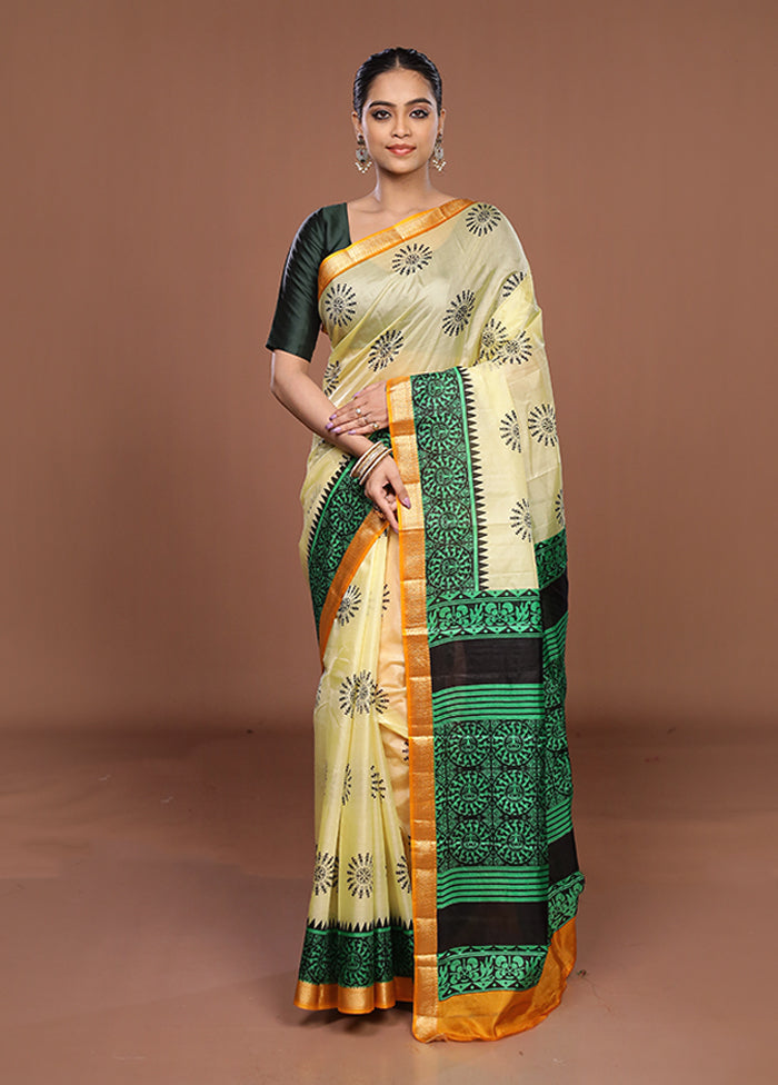Cream Printed Silk Saree Without Blouse Piece