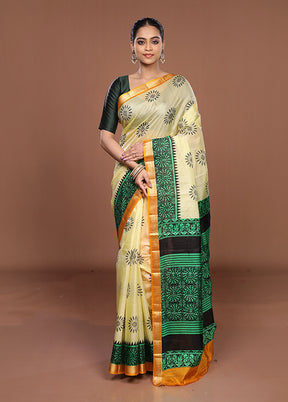 Cream Printed Silk Saree Without Blouse Piece