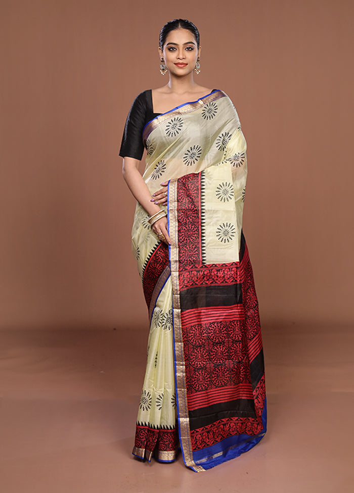 Cream Printed Silk Saree Without Blouse Piece