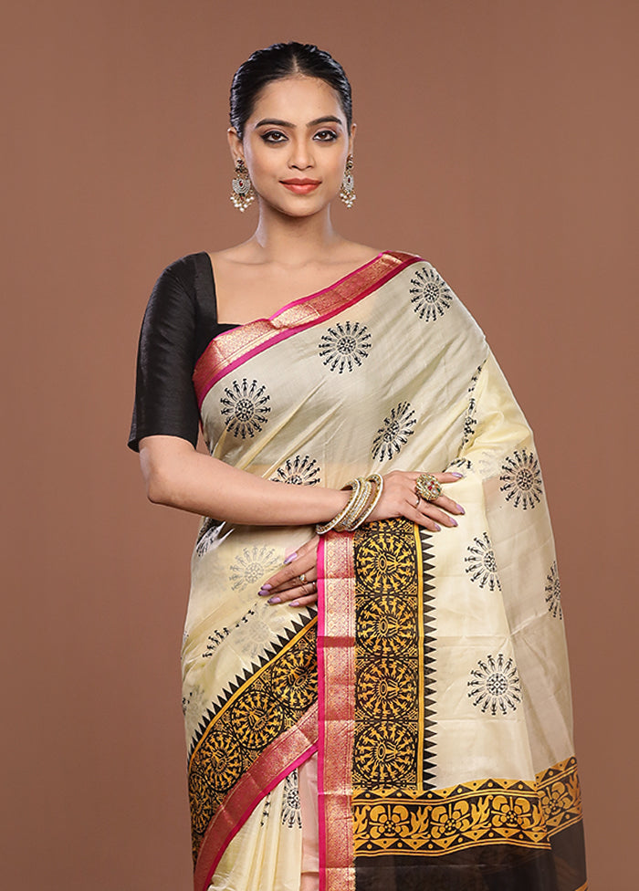Cream Printed Silk Saree Without Blouse Piece