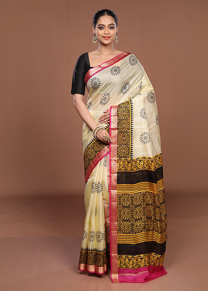 Cream Printed Silk Saree Without Blouse Piece