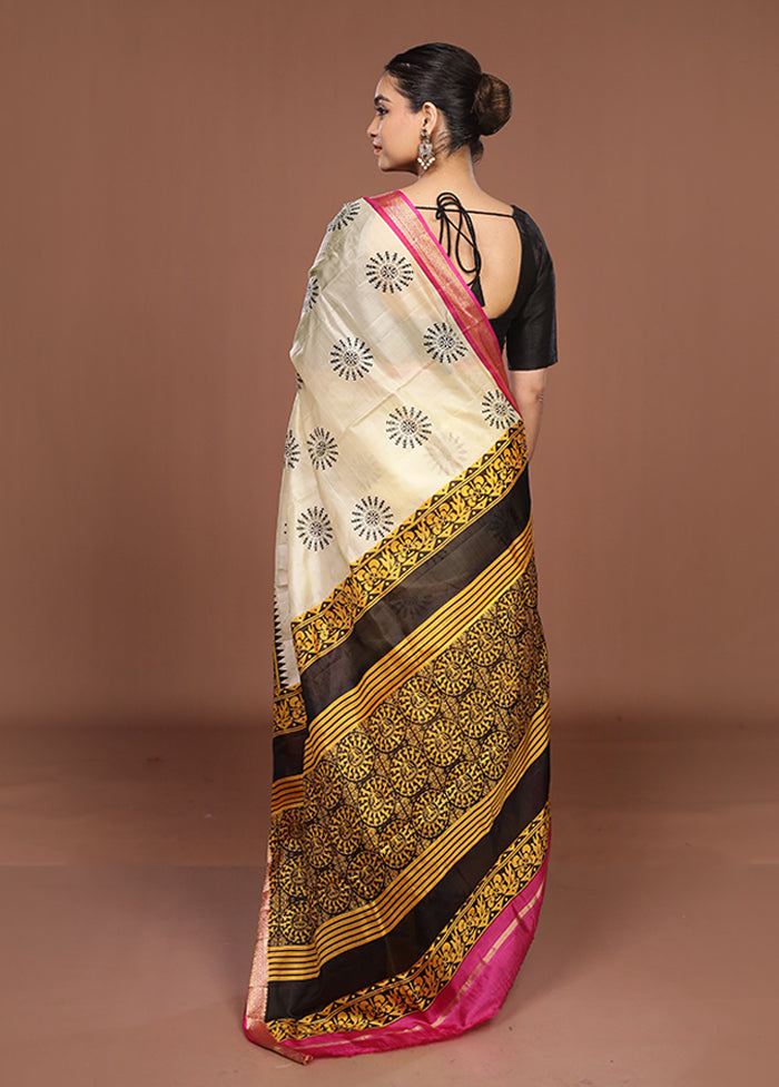 Cream Printed Silk Saree Without Blouse Piece
