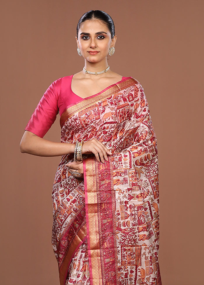 Cream Printed Silk Saree Without Blouse Piece