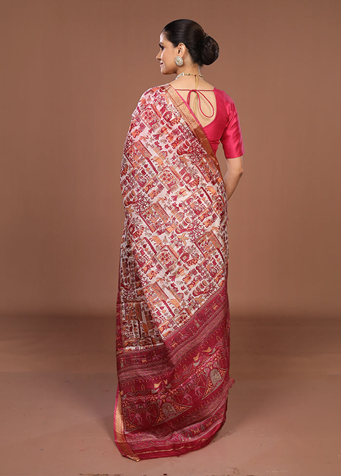 Cream Printed Silk Saree Without Blouse Piece
