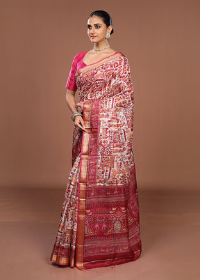 Cream Printed Silk Saree Without Blouse Piece