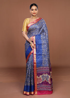 Blue Printed Silk Saree Without Blouse Piece