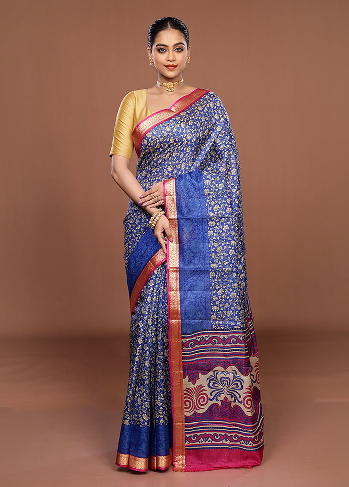 Blue Printed Silk Saree Without Blouse Piece