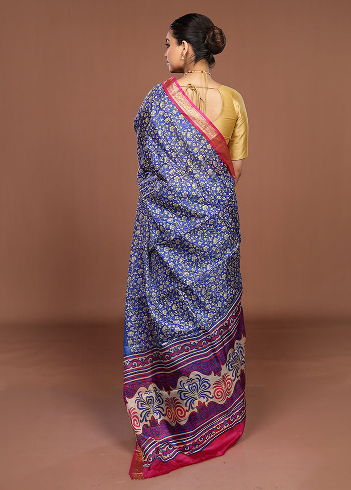Blue Printed Silk Saree Without Blouse Piece