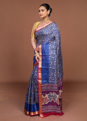 Blue Printed Silk Saree Without Blouse Piece