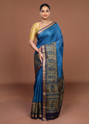Blue Printed Pure Silk Saree Without Blouse Piece