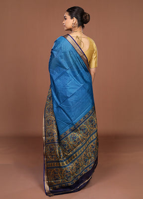 Blue Printed Pure Silk Saree Without Blouse Piece