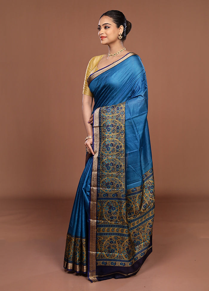 Blue Printed Pure Silk Saree Without Blouse Piece