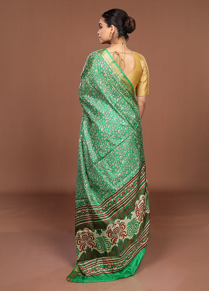 Green Printed Silk Saree Without Blouse Piece