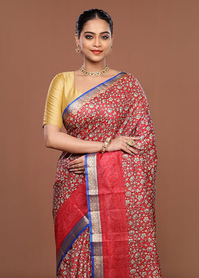 Red Printed Pure Silk Saree Without Blouse Piece