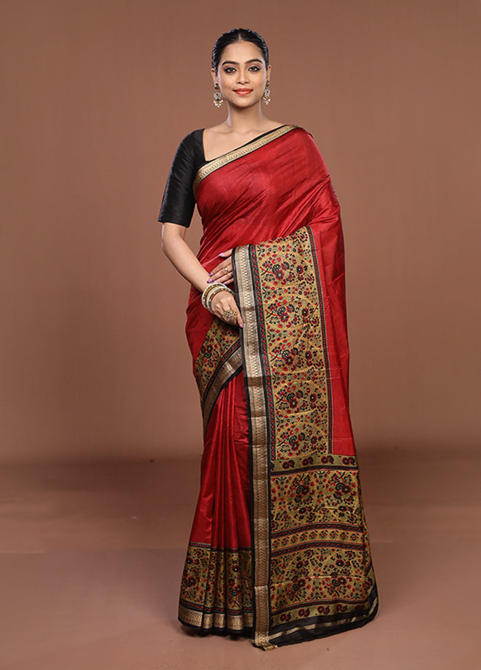 Red Printed Pure Silk Saree Without Blouse Piece