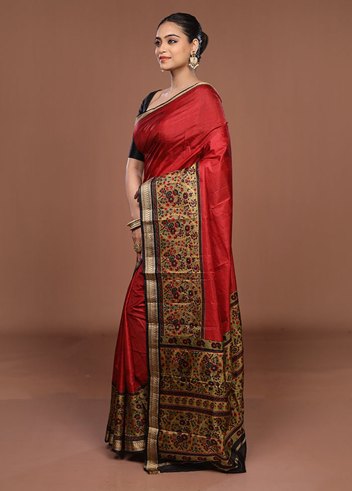 Red Printed Pure Silk Saree Without Blouse Piece