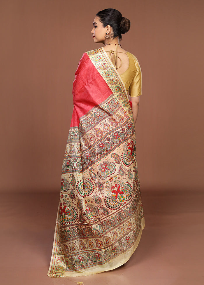 Pink Printed Pure Silk Saree Without Blouse Piece