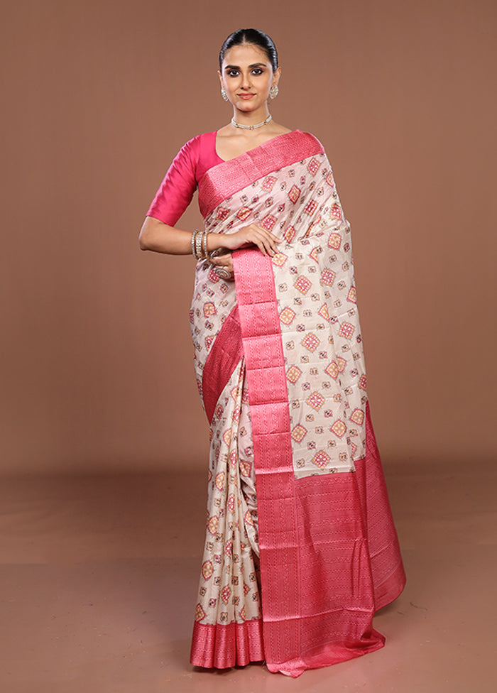White Printed Pure Silk Saree Without Blouse Piece