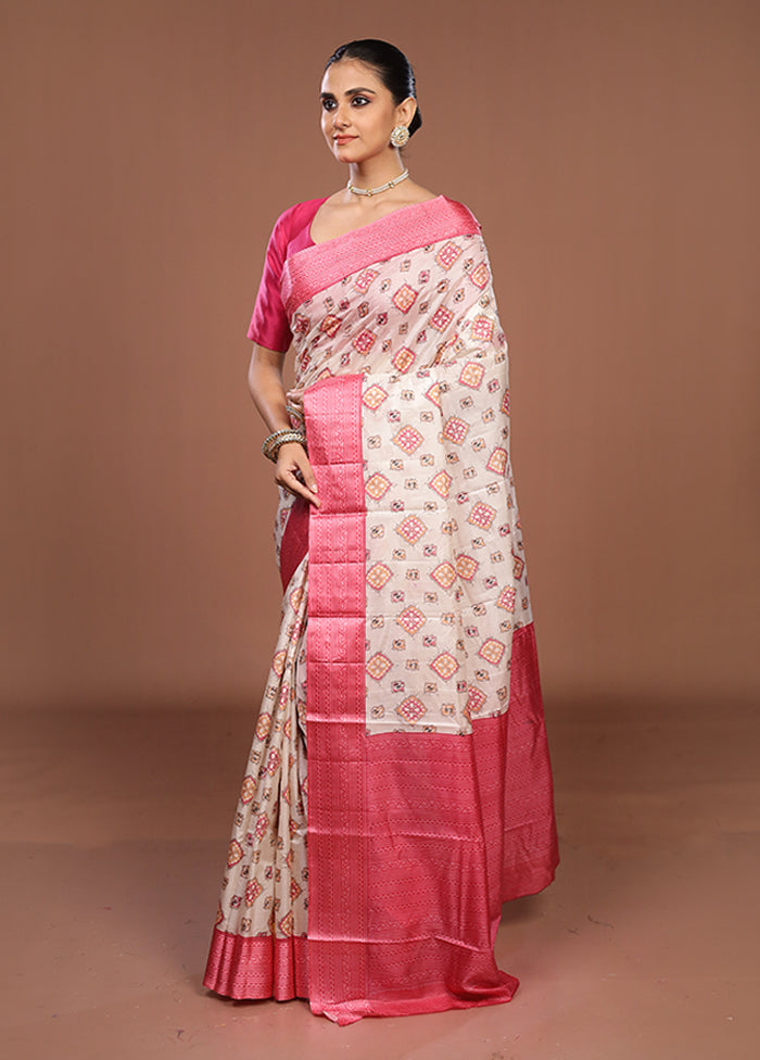 White Printed Pure Silk Saree Without Blouse Piece