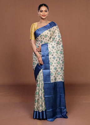 White Printed Pure Silk Saree Without Blouse Piece