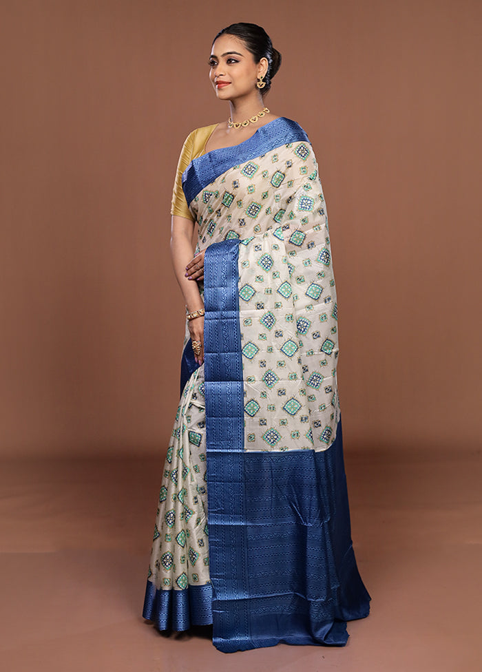 White Printed Pure Silk Saree Without Blouse Piece