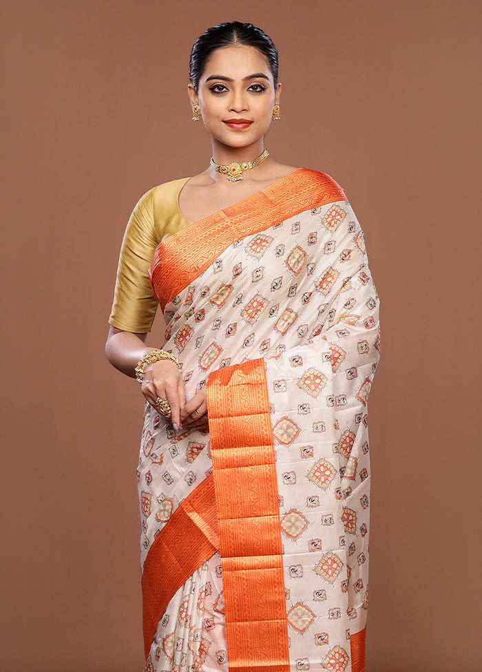White Printed Pure Silk Saree Without Blouse Piece