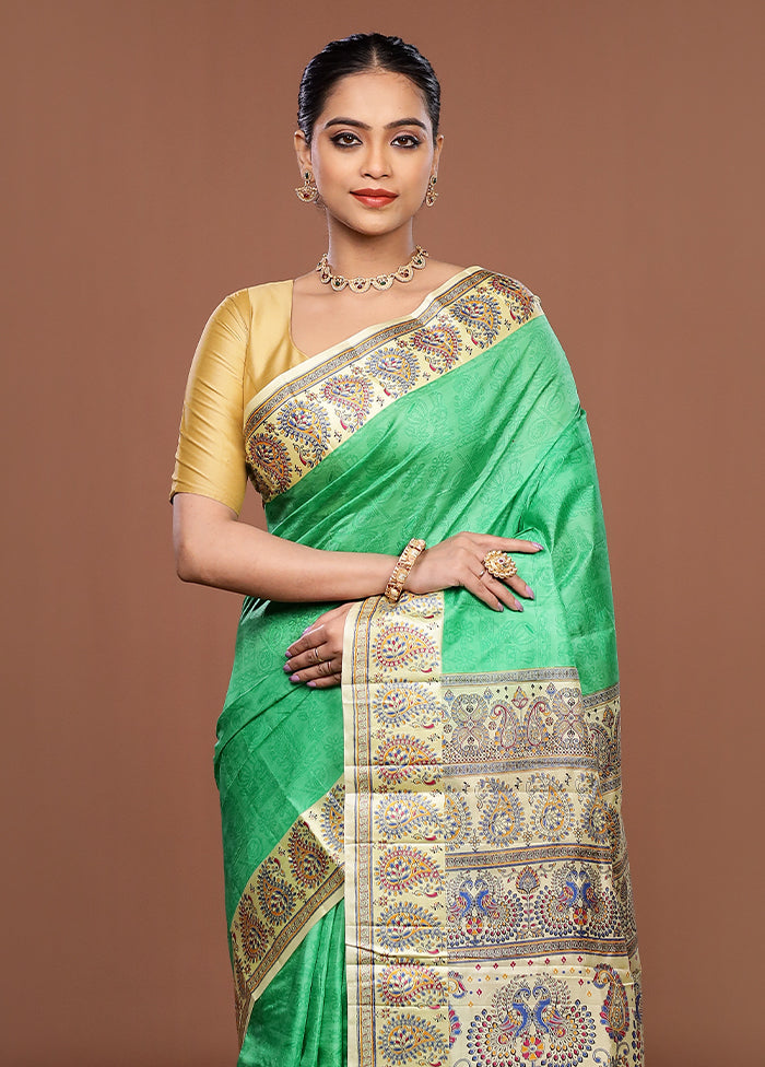 Green Printed Silk Saree Without Blouse Piece